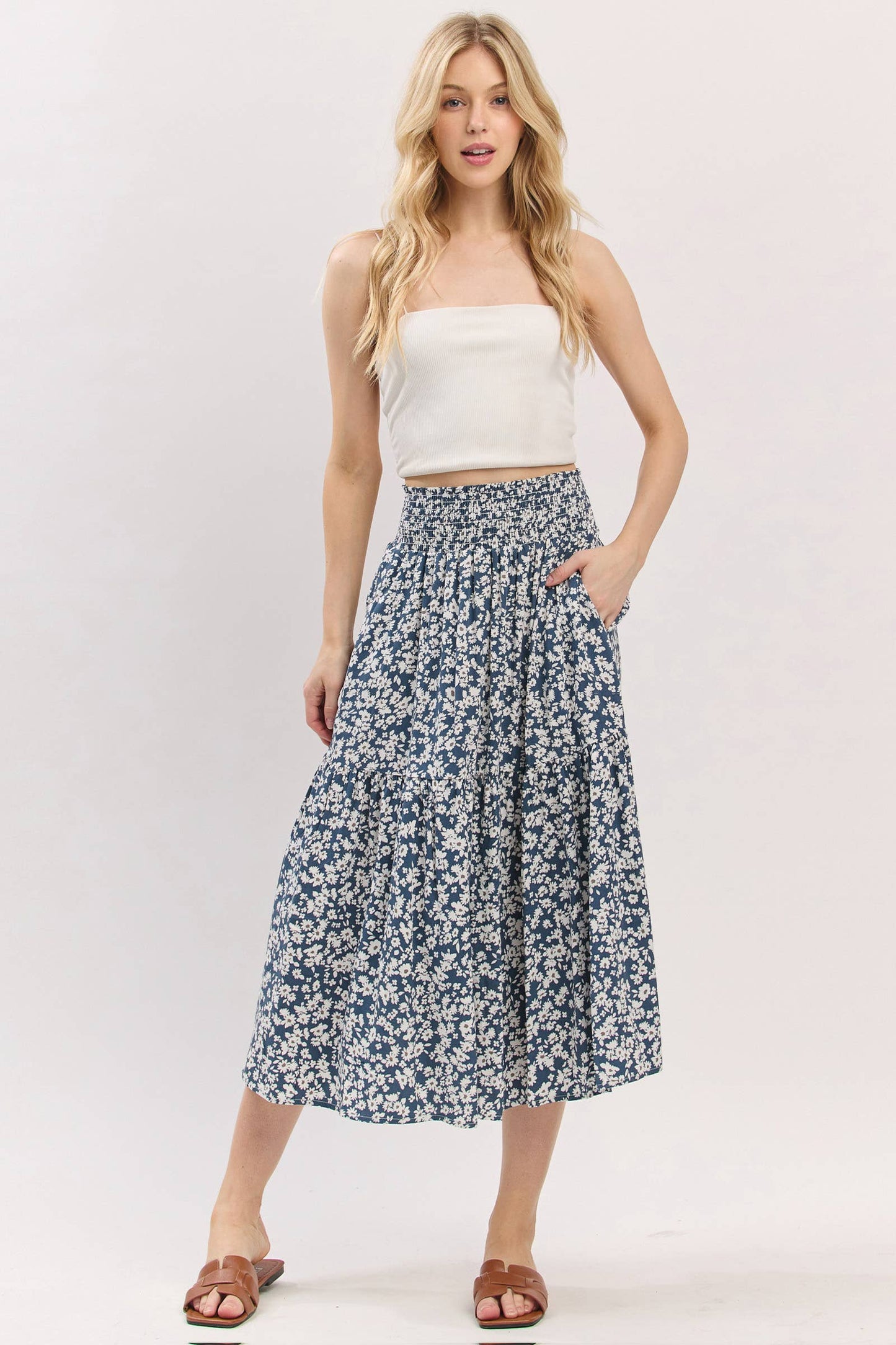 Print Tiered Midi Skirt - VS3533A: Taupe
