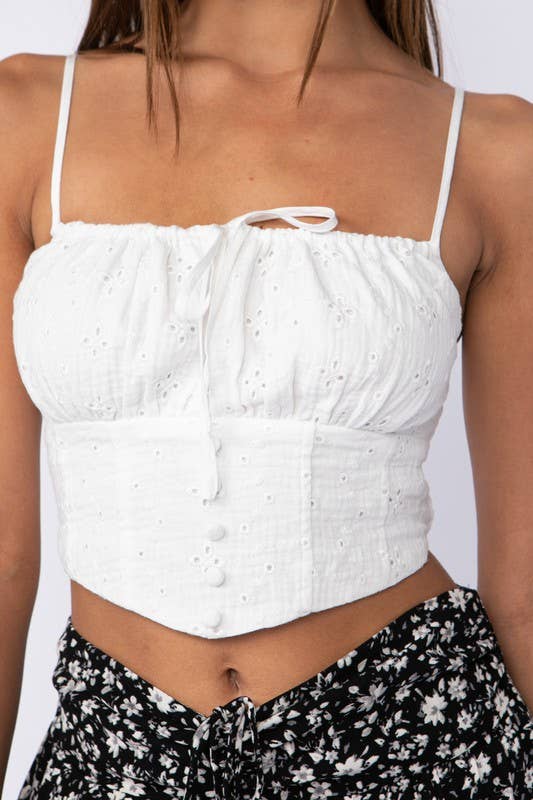 WHITE EYELET SLEEVELESS FRONT BUTTON CROP TOP: Purity / ST-T1037F