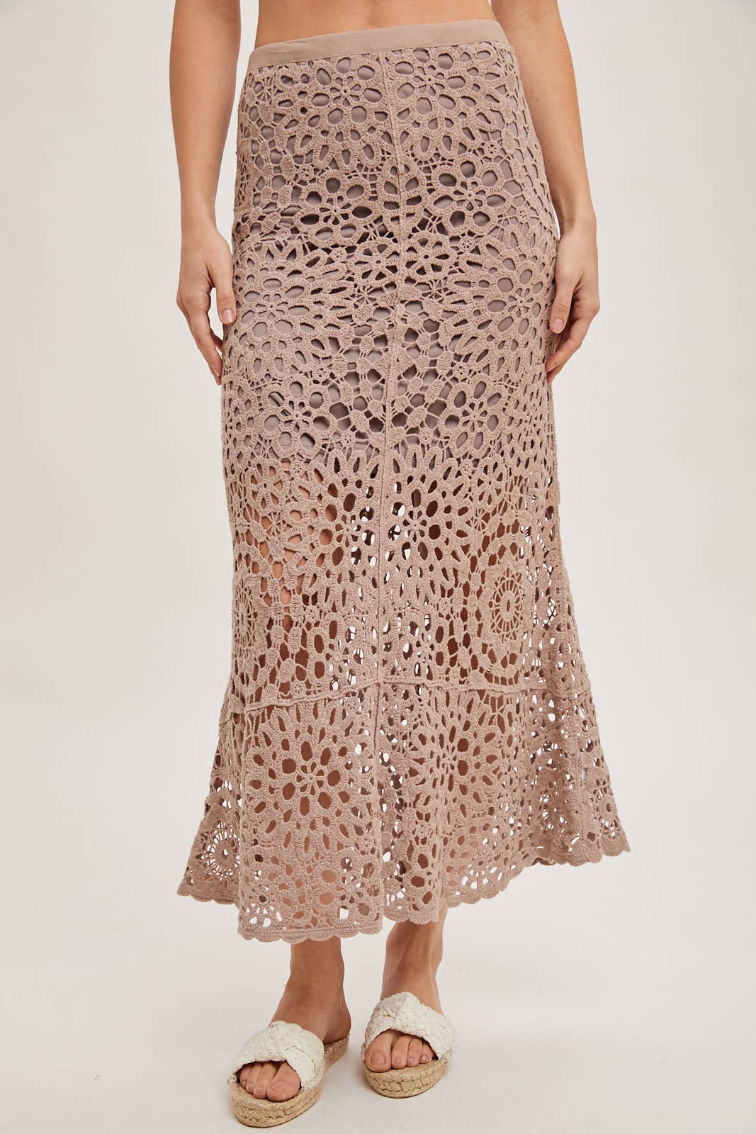 CROCHET MIDI SKIRT WITH LINING: NATURAL / B02609