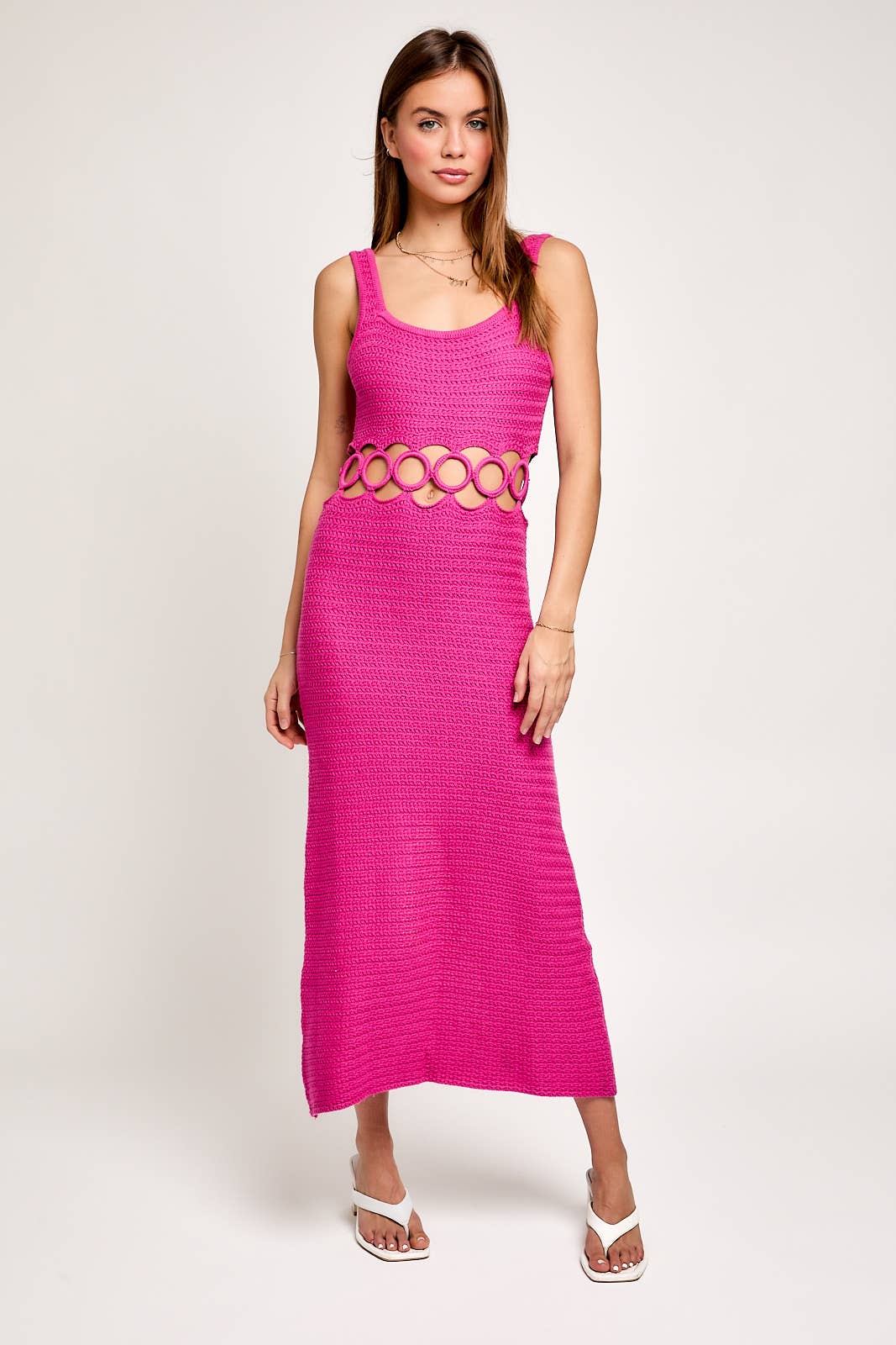 SQUARE NECK SLEEVELESS CROCHET MIDI DRESS: CREAM / MWD6871