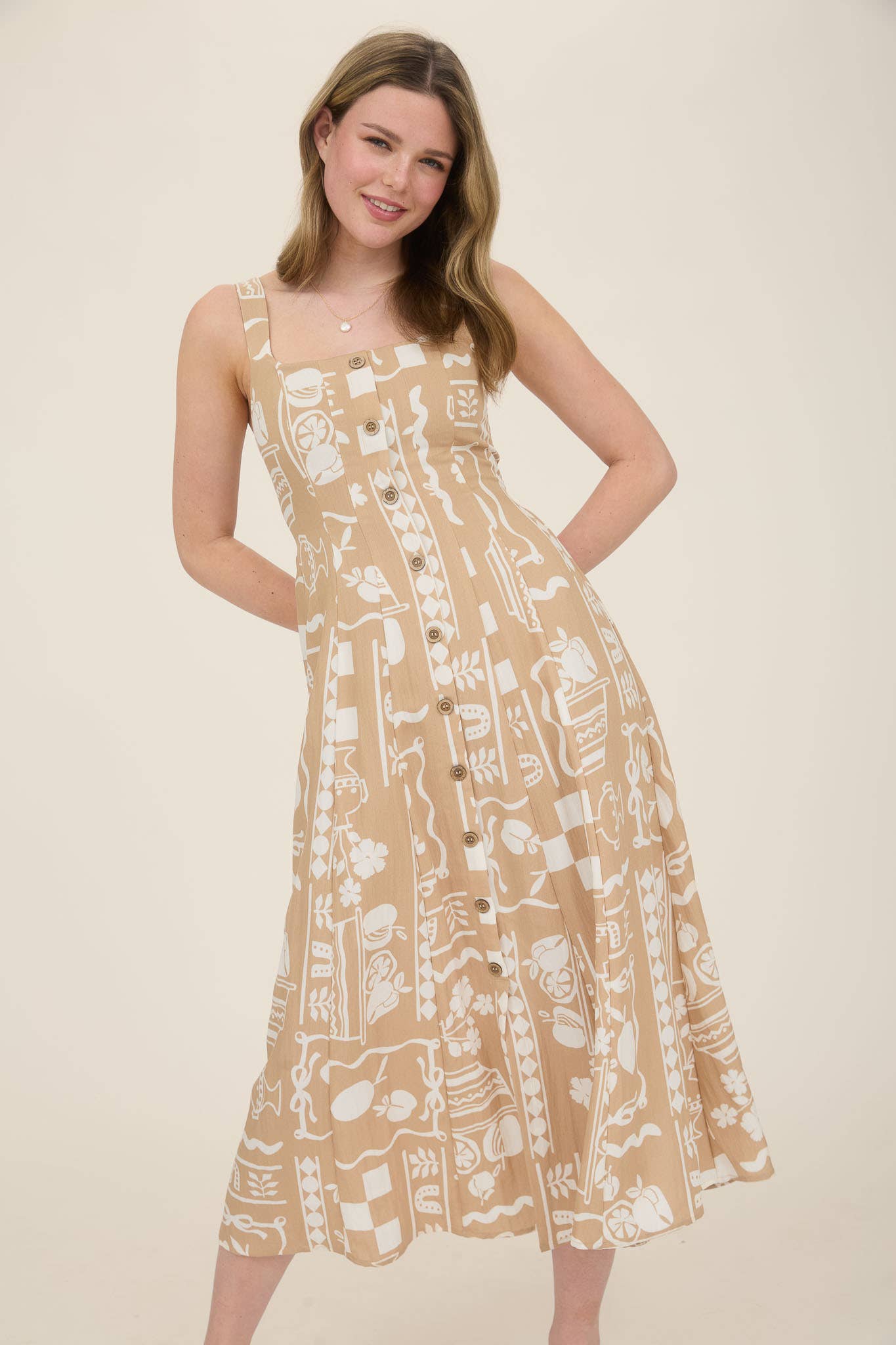 CR2560 BUTTON DOWN SLEEVELESS MIDI DRESS: KHAKI