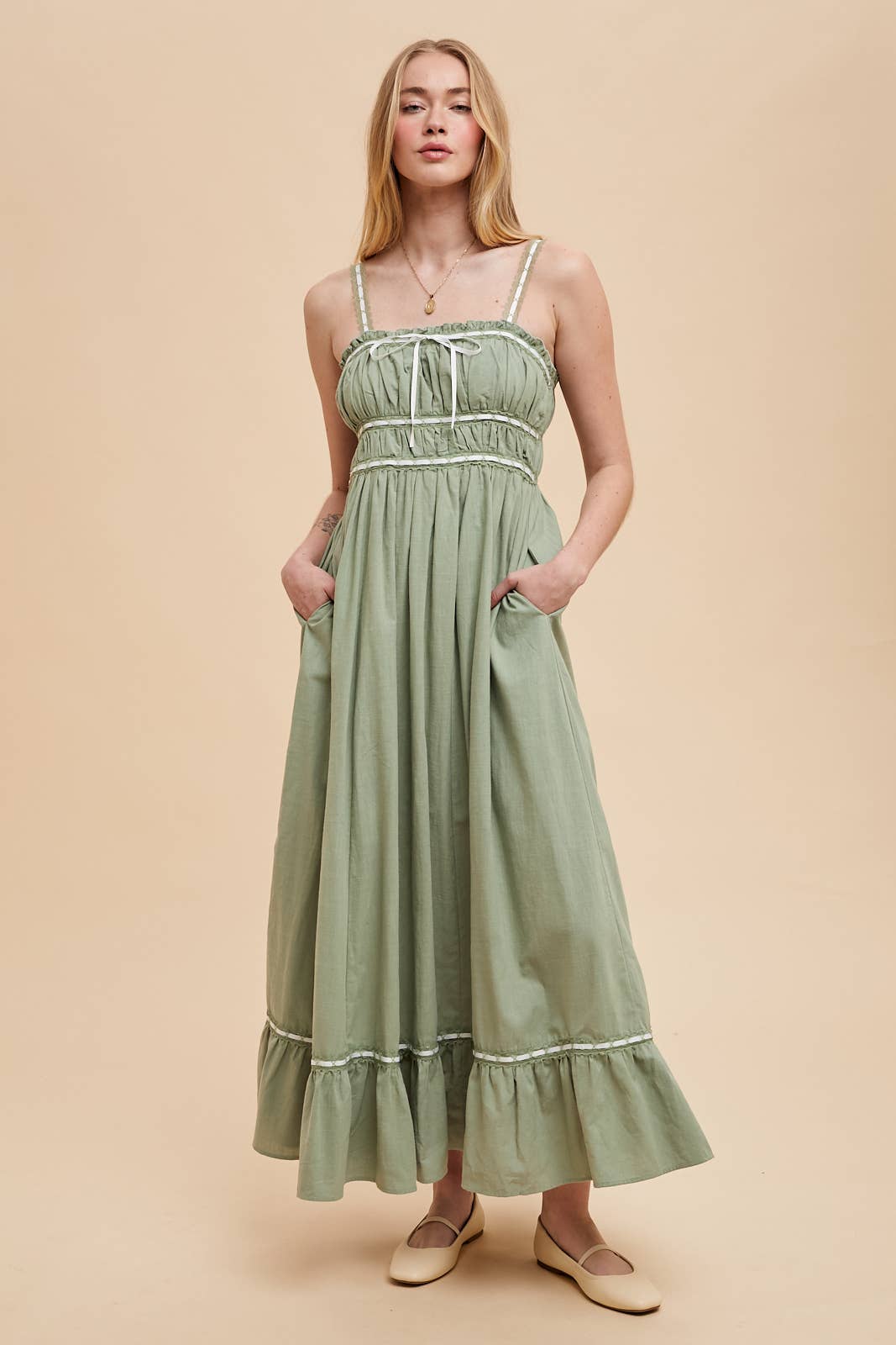 CONTRAST LACE COTTON MAXI DRESS: OFF-WHITE / ILD6204