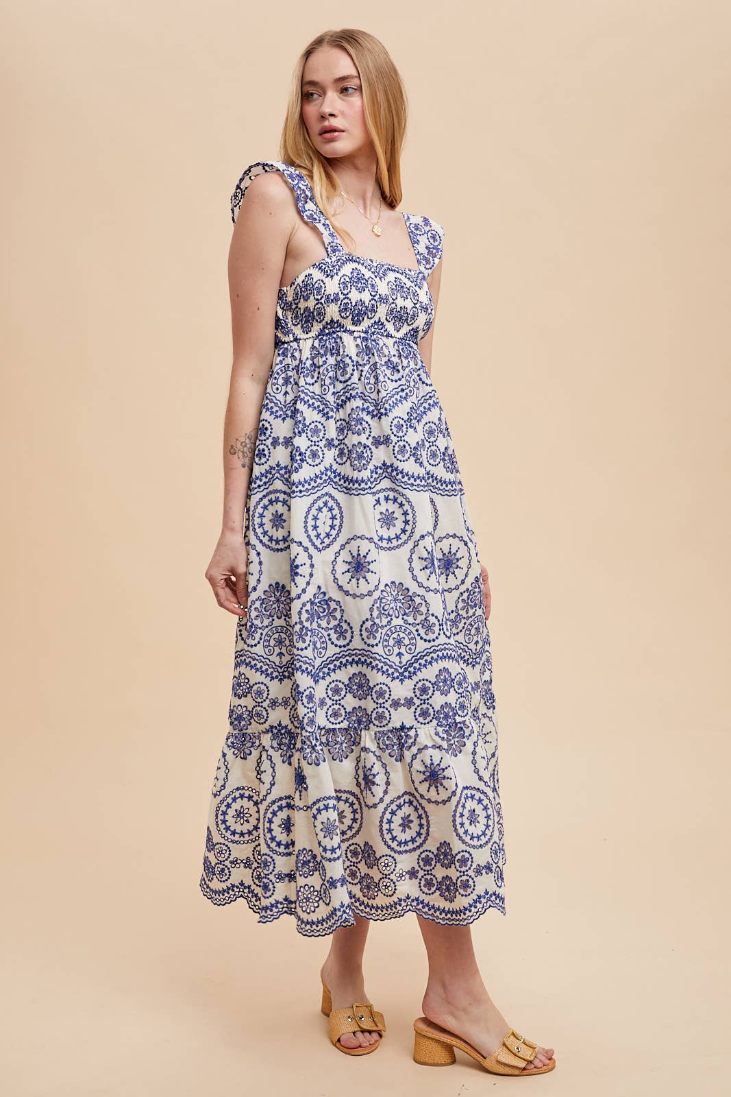 COTTON EMBROIDERED EYELET MAXI DRESS: SANTORINI / ILD6265
