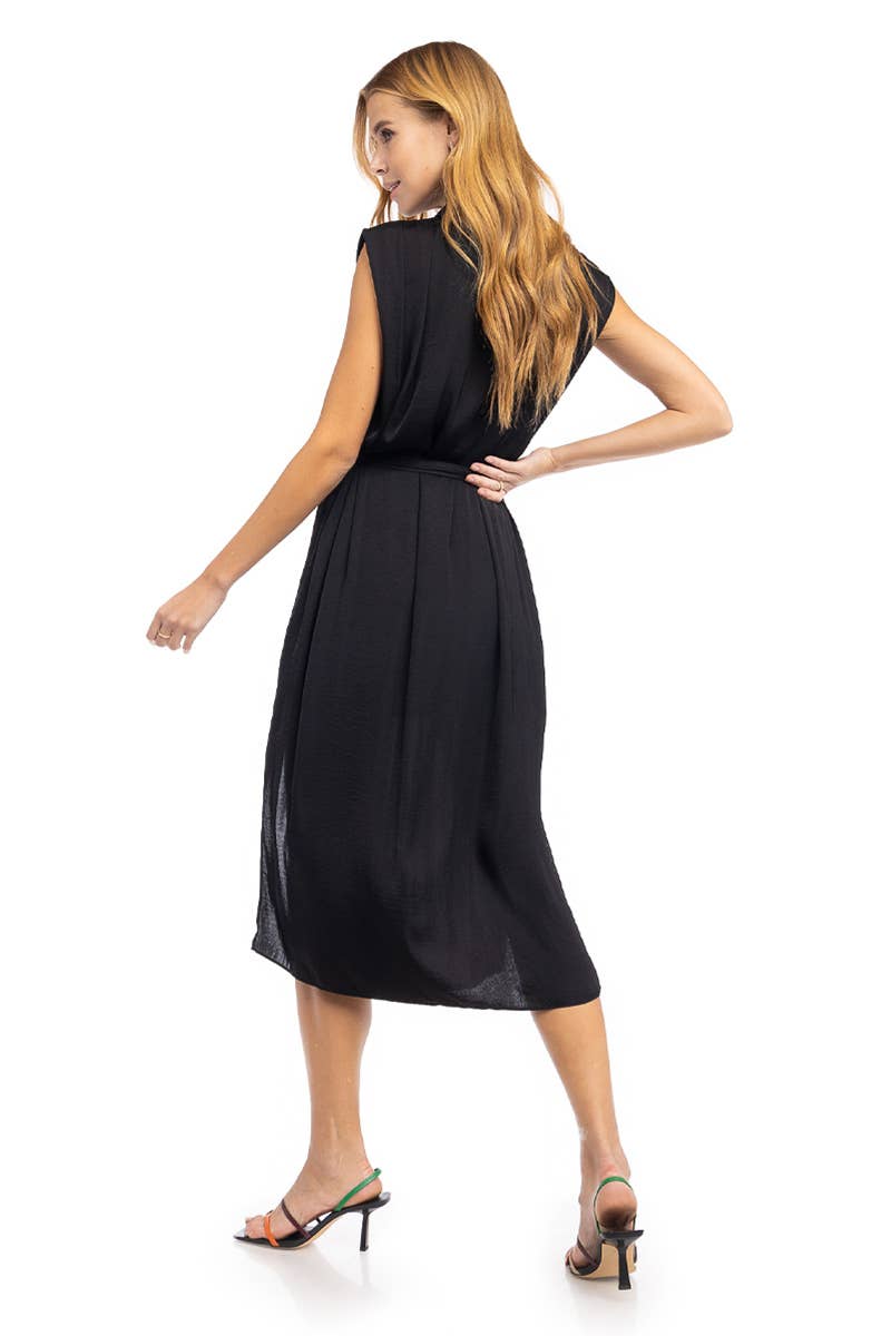 Pleated Shoulder Cap Sleeve Midi Shirt Dress - JD116314: MERLOT