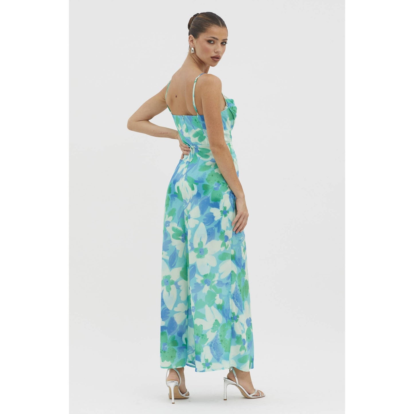 FLORAL PRINT COWL NECK LACE DETAIL MAXI DRESS: GREEN / 64357B01