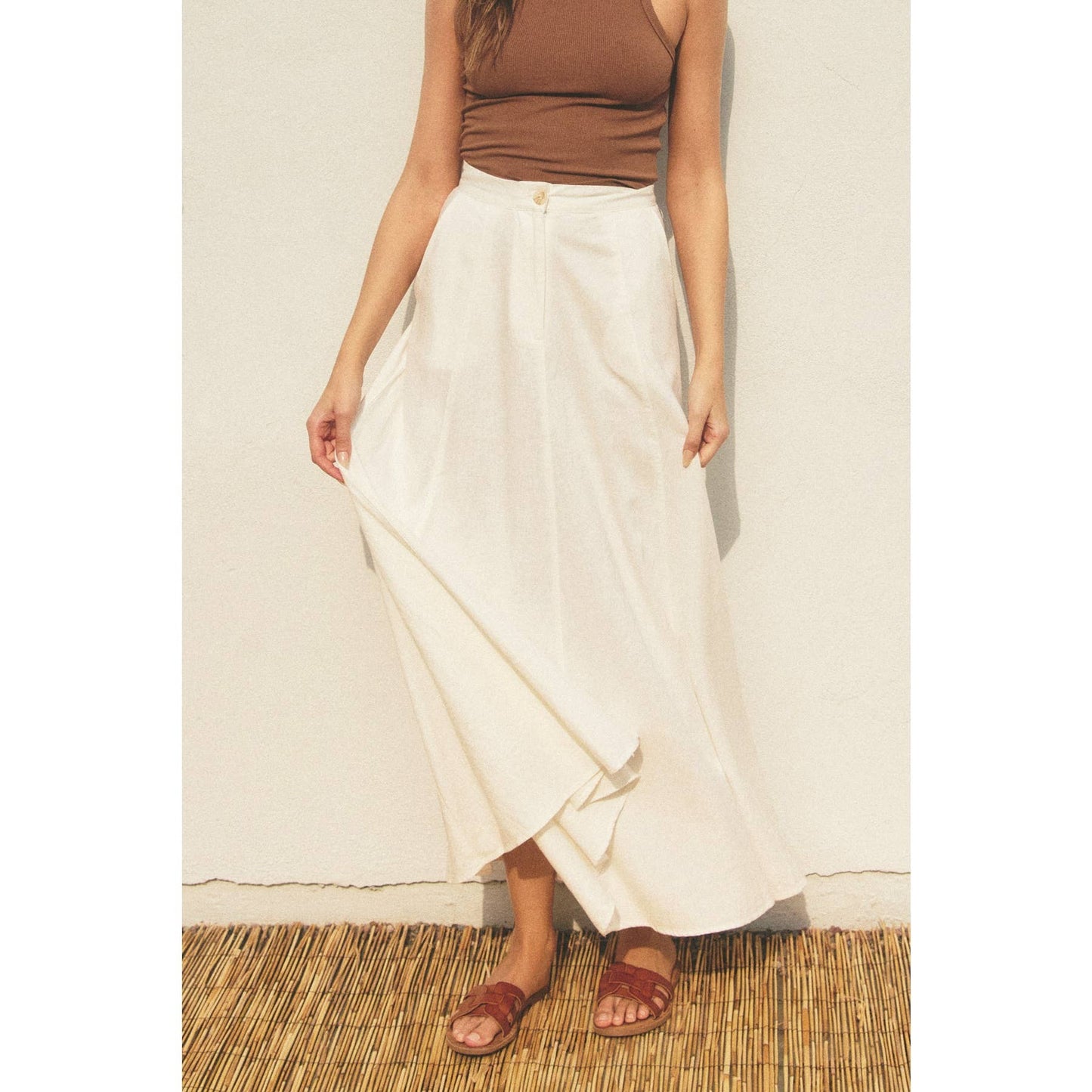FS11499-P1465 Cotton Linen Blend Maxi Skirt: OATMEAL