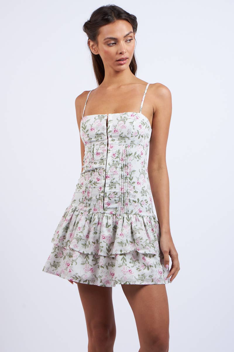 MINT-PINK FLORAL HOOK&EYES LAYERED MINI DRESS: Mint Pink Floral / SM-D20748E