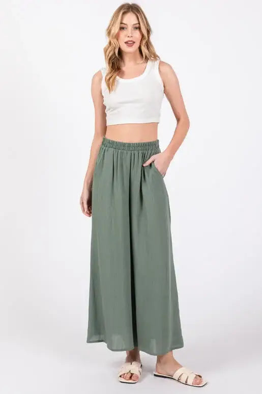 Woven Wide Leg Pull on Pants - NP16207E10: Sage Green