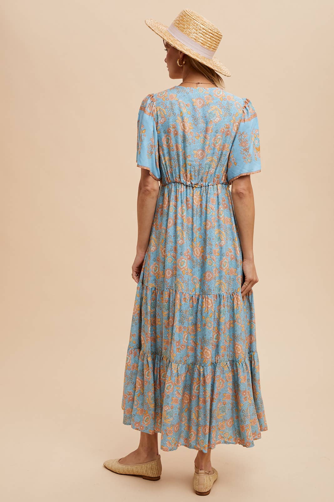 BORDER PRINT BUTTON FRONT MIDI DRESS: DUSTY BLUE / ILD4971-A