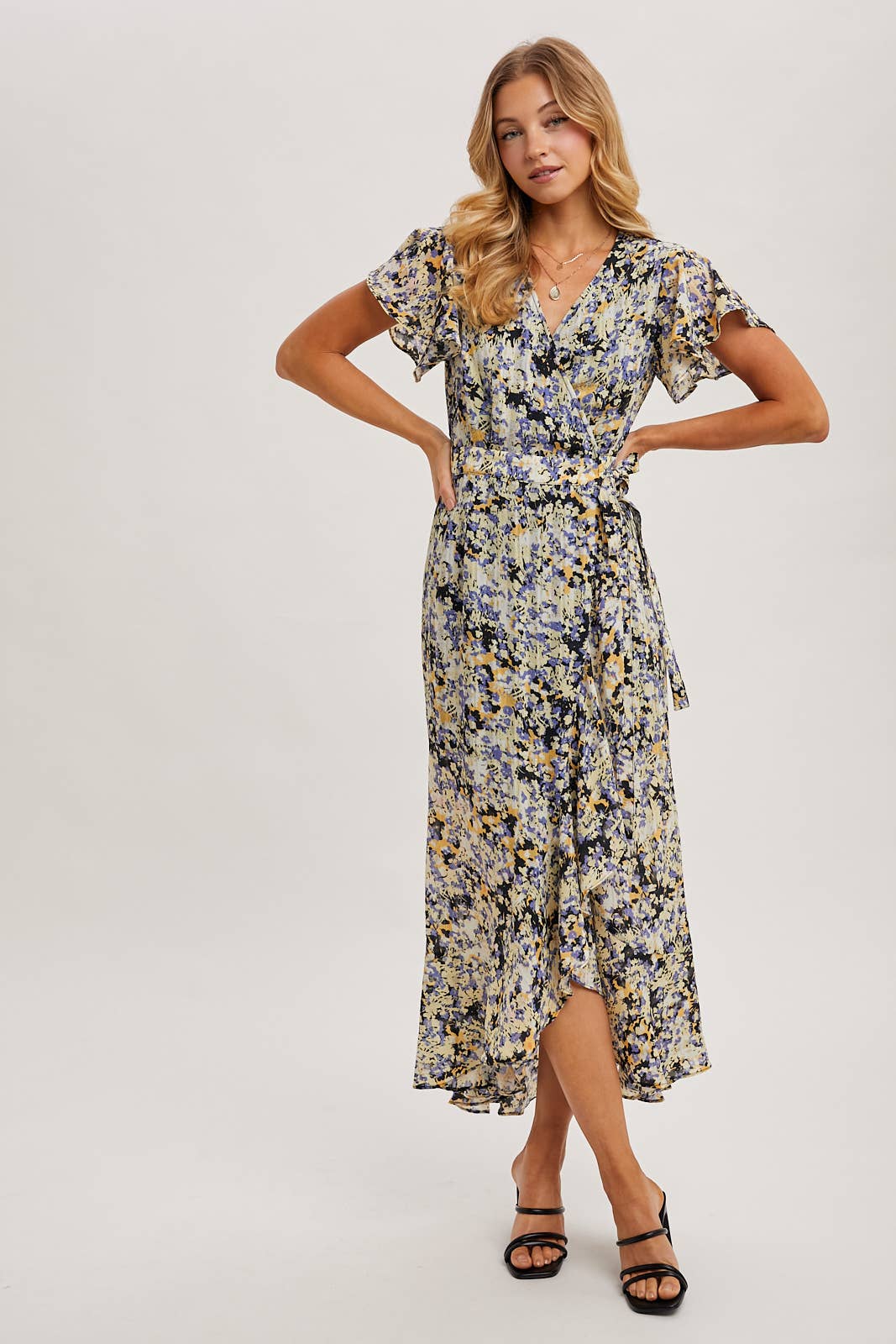 FLORAL PRINT WRAP RUFFLED MIDI DRESS: BLUE D02356