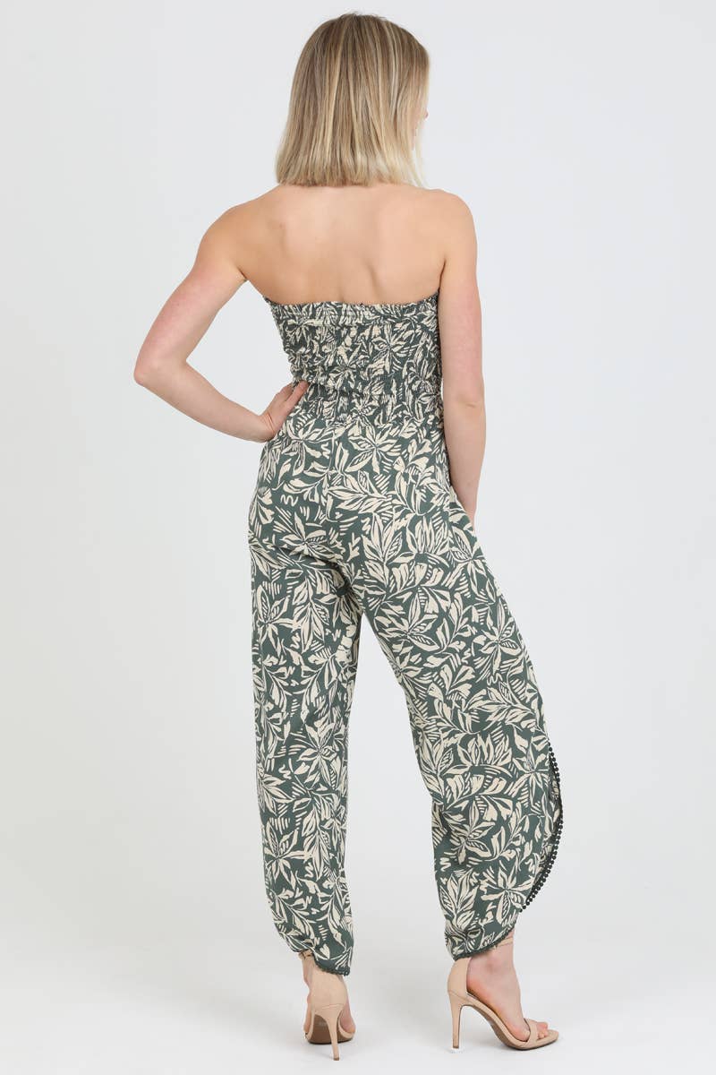 B5959-A876 SMOCKED BODICE STRAPLESS WRAP LEG JUMPSUIT