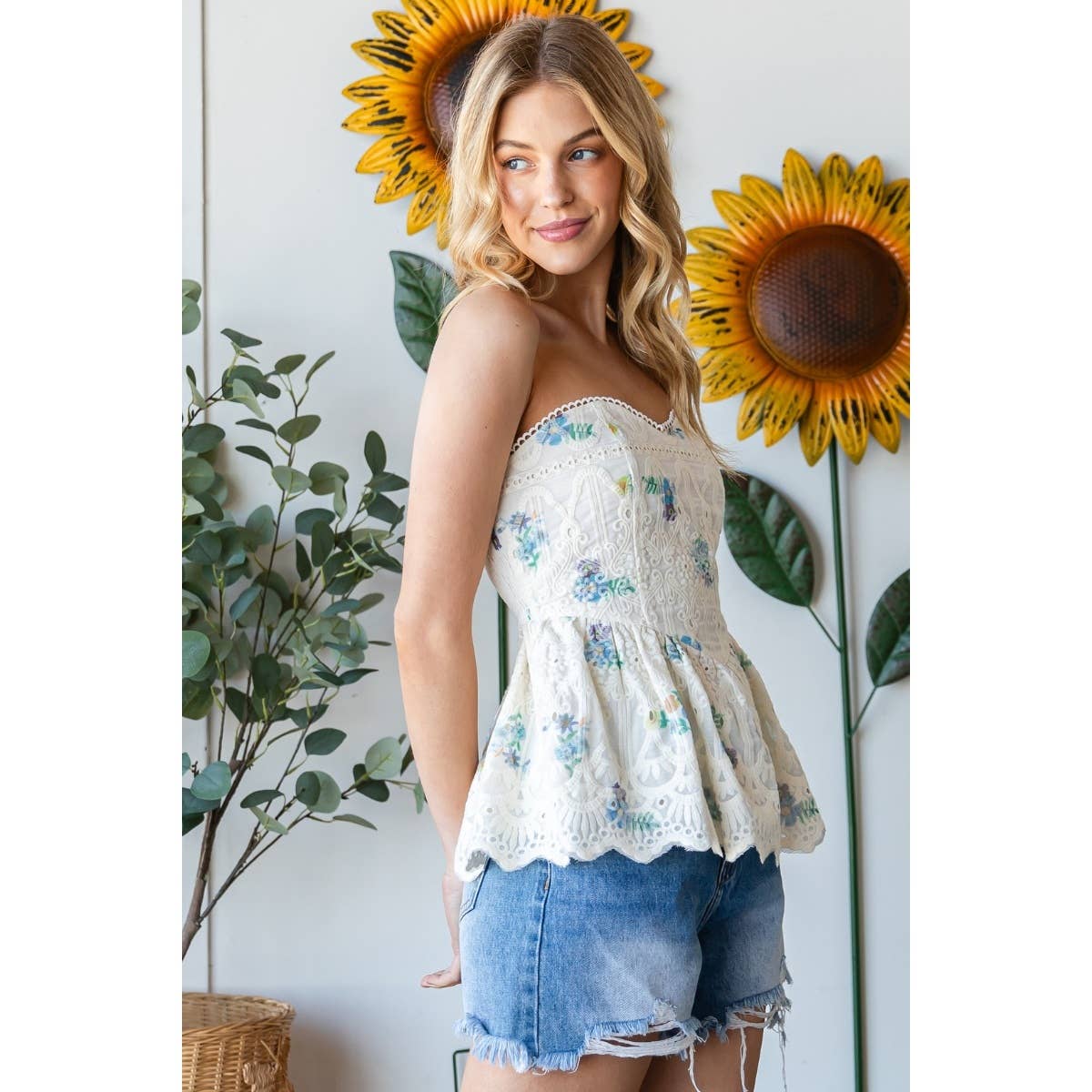 Flower Printed Lace Tube Top: Blue Combo / VT71968-B1