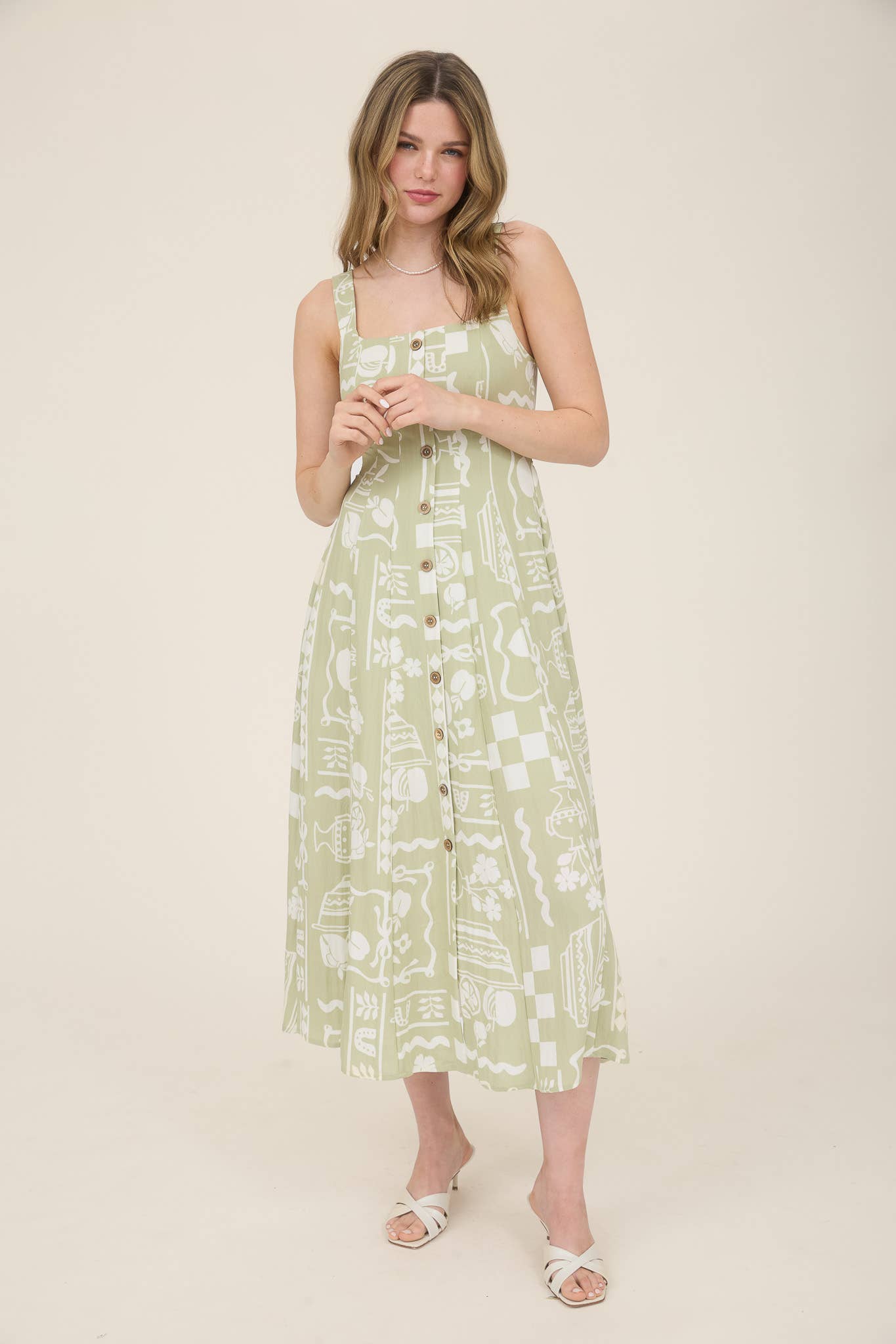 CR2560 BUTTON DOWN SLEEVELESS MIDI DRESS: KHAKI