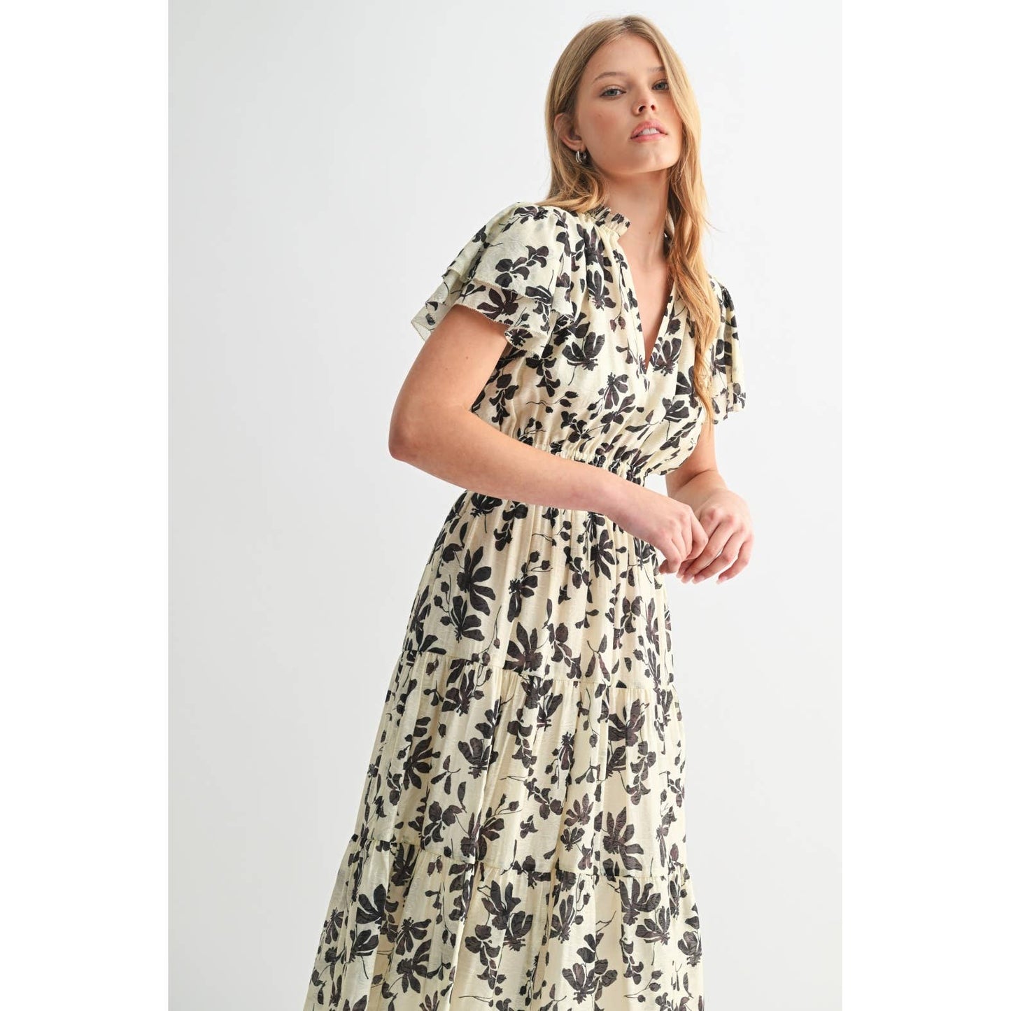 FLOWER PRINT RUFFLE SLEEVE MIDI DRESS: Ivory / FD68025