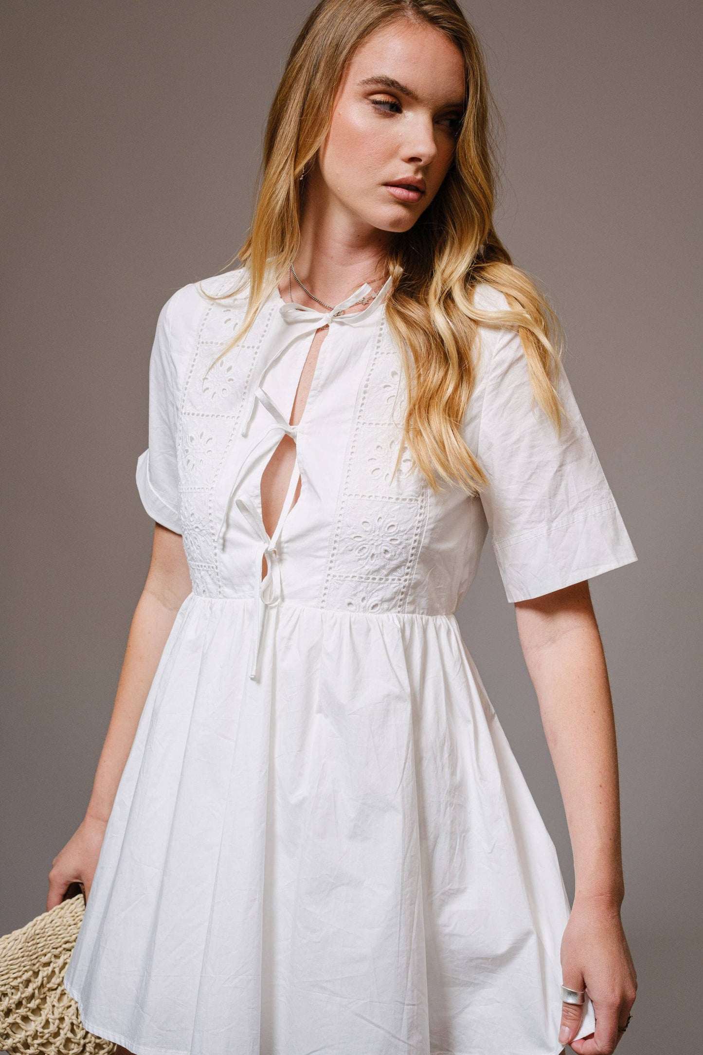 23318D - Eyelet Lace Tie Front Short Sleeve Mini Dress: OFF WHITE