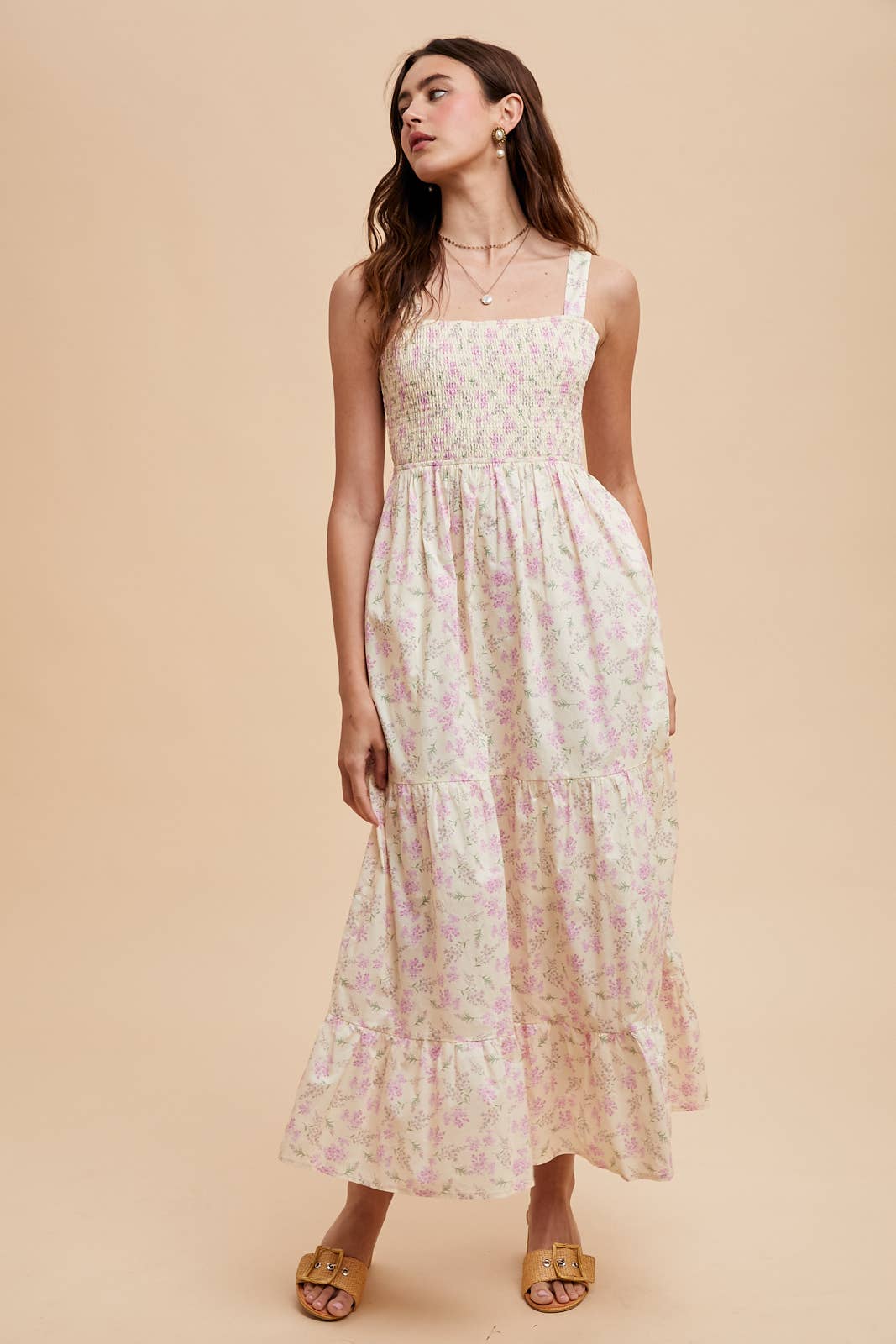 SMOCKED COTTON FLORAL MAXI DRESS: FRENCH BLUE / ILD6312-A