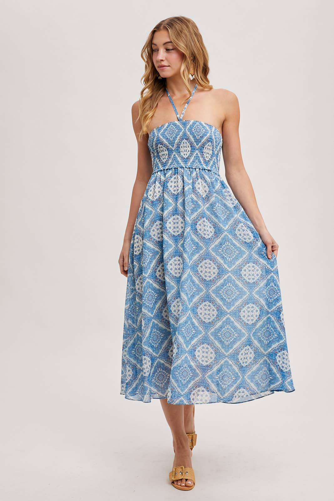 GEO PRINT SMOCKED HALTER DRESS: Green D02355