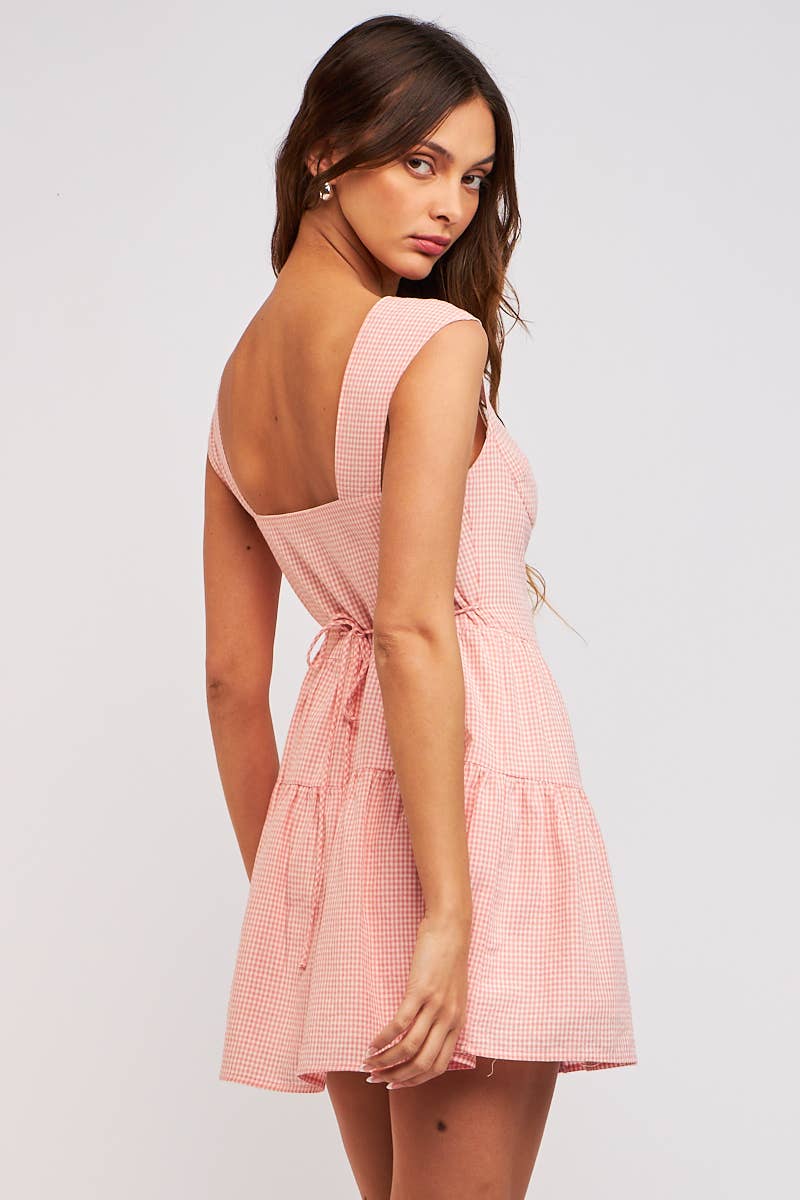 CHECHER PRINT WIDE STRAP FRONT BUTTON MINI DRESS: BK Gingham / SM-D20652B