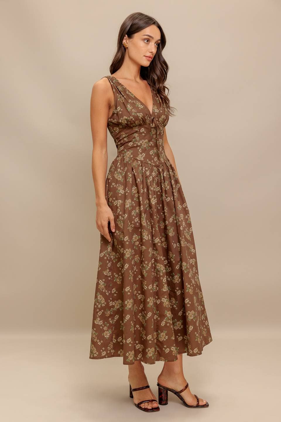 A printed woven midi dress - ID22976: Brown