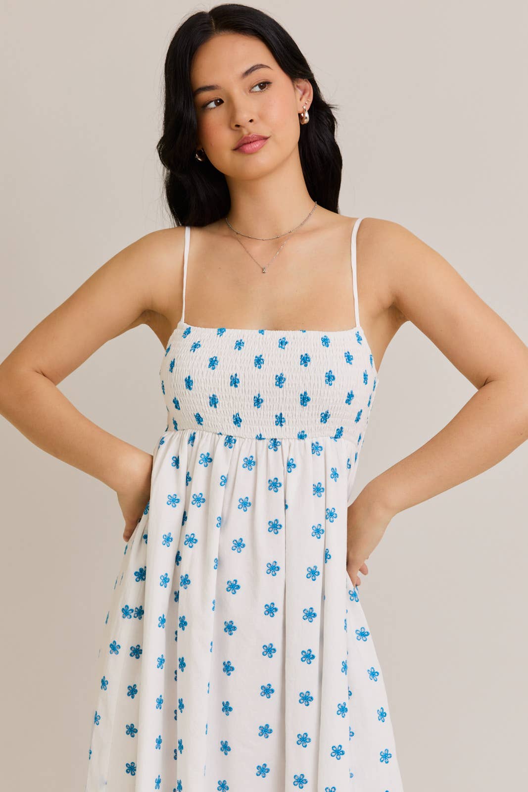 SMOCKED BABY DOLL MAXI DRESS: WHITE-BLUE FLORAL / SD3032