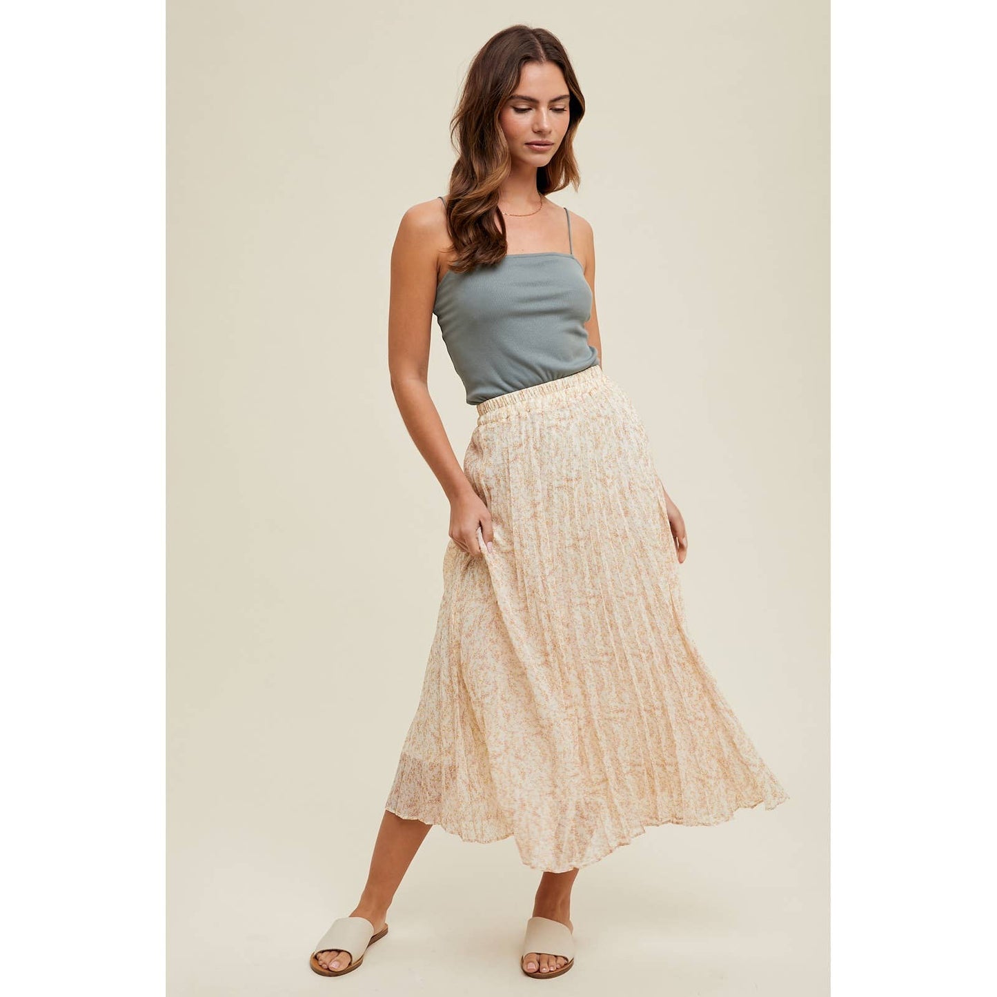 FLORAL PLEATED MIDI SKIRT / WL24-8878: MINT