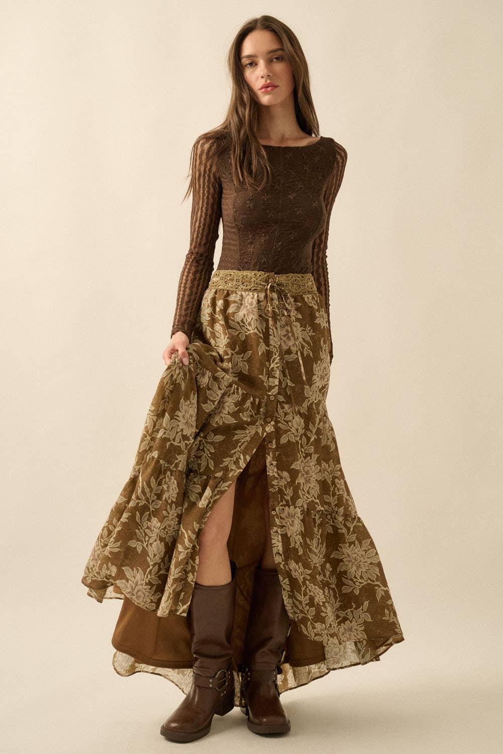 Floral Lace-Trimmed Tiered Button-Front Maxi Skirt: OLIVE BROWN / FSC0134
