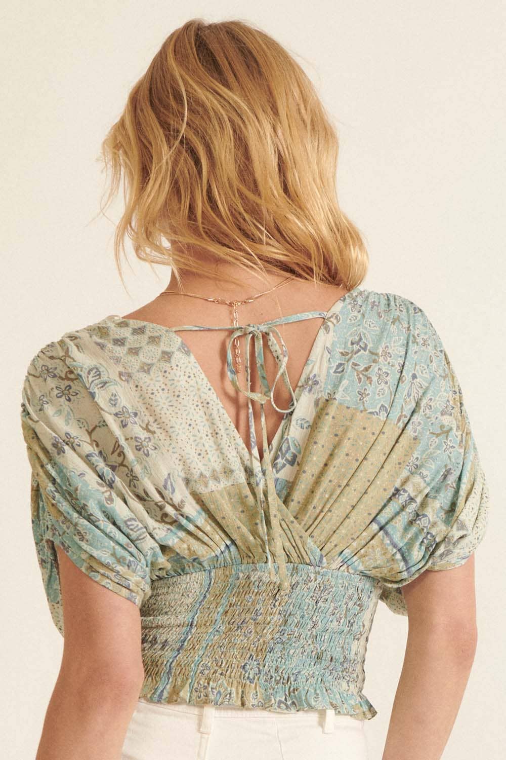 Floral-Patchwork Kimono Sleeve Smock Waist Top: Seagrass