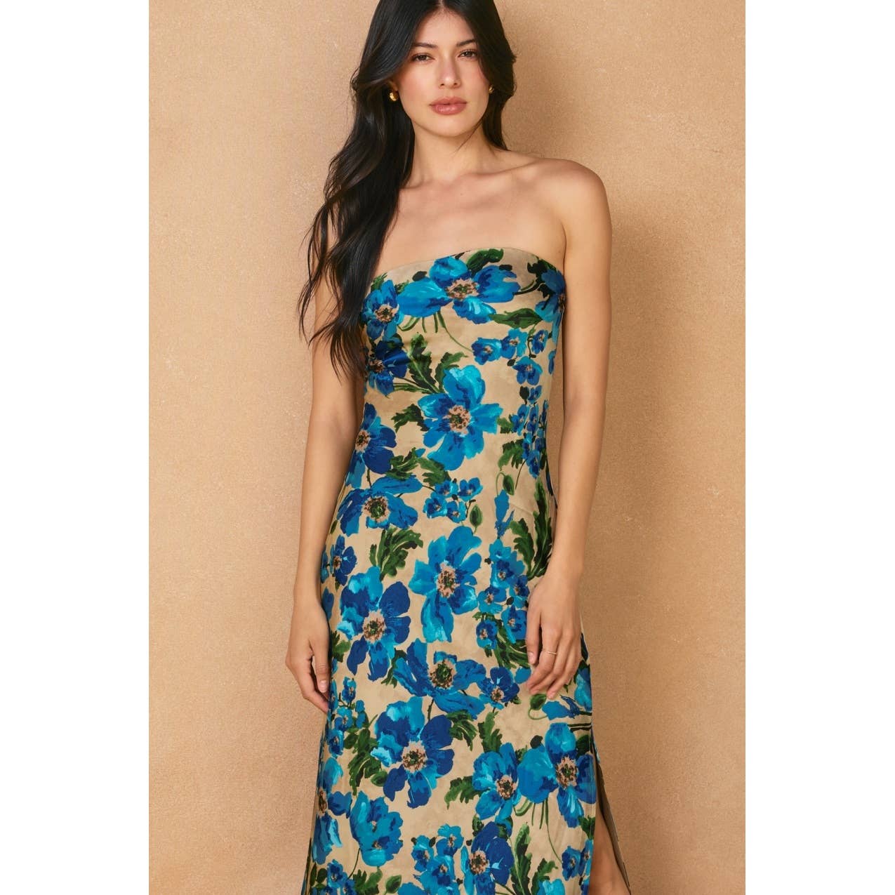 Ethereal Gardens Strapless Bias Cut Maxi Dress: BLUE JASPER / FD11771-P2183