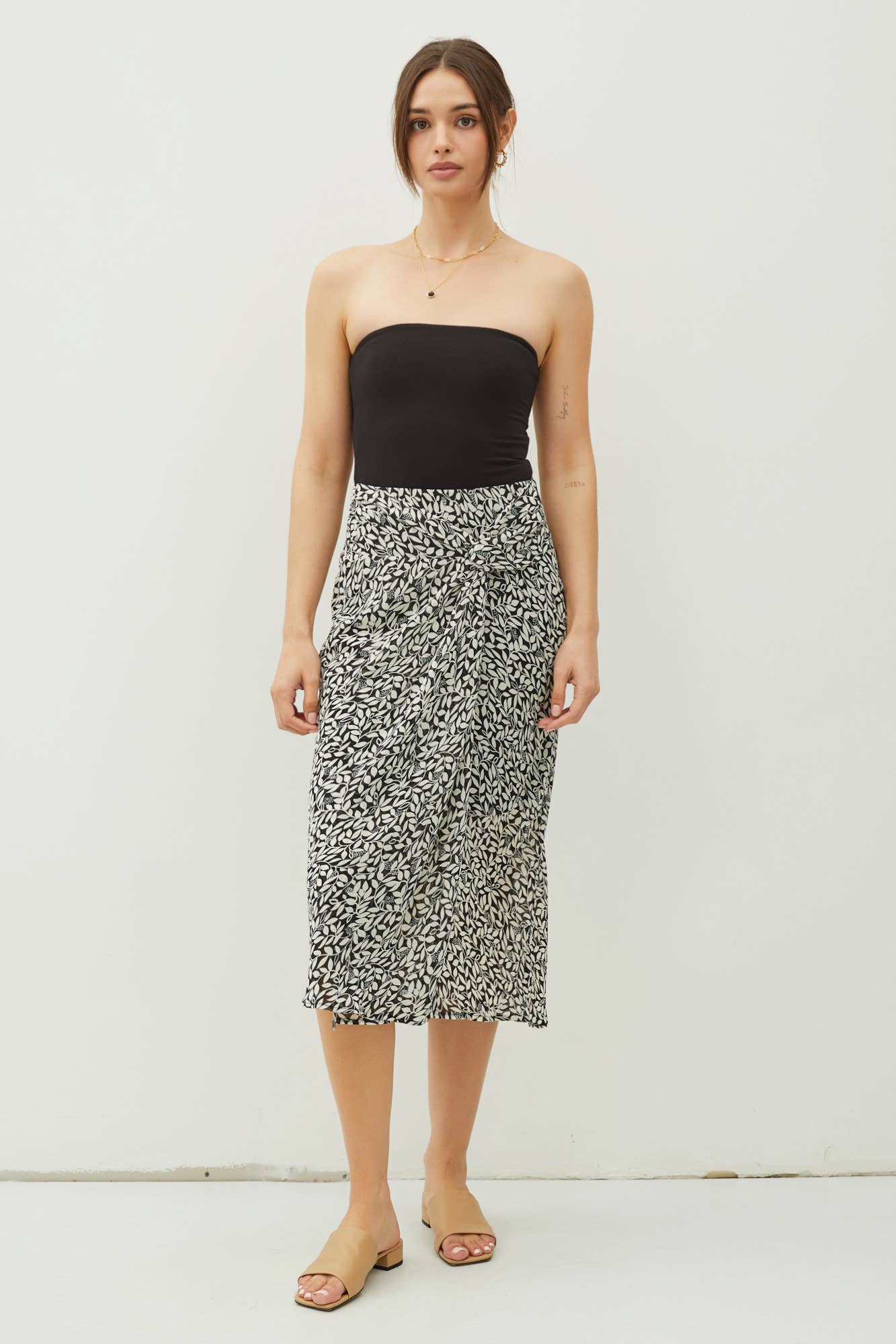 PRINT DRAPED SIDE KNOT MIDI SKIRT: Sea Green / 71106