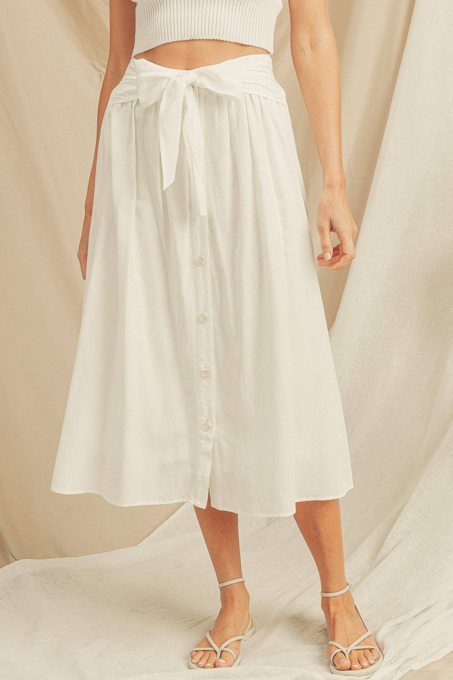 C51611A Front Button Closure Waist Tie Skirt