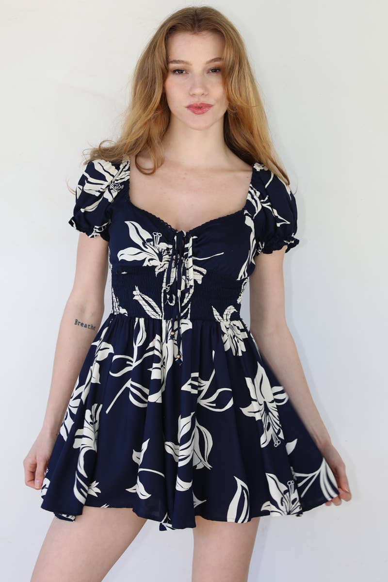 Q5X75-W921 navy SWEETHEART NECK SMOCKED WAIST ROMPER