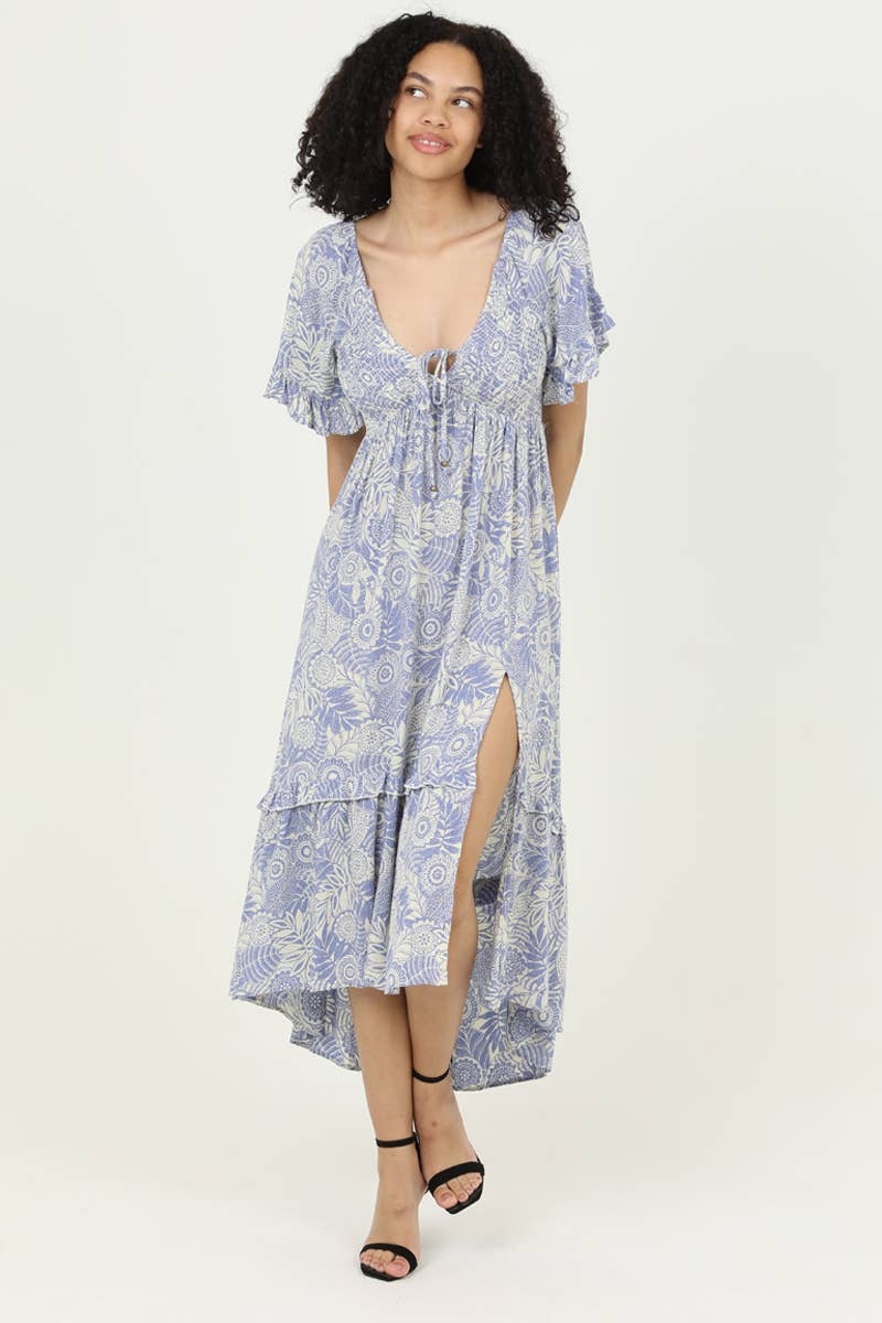 C4B39-A853 V NECK SMOCKED BODICE MAXI DRESS WITH SLIT
