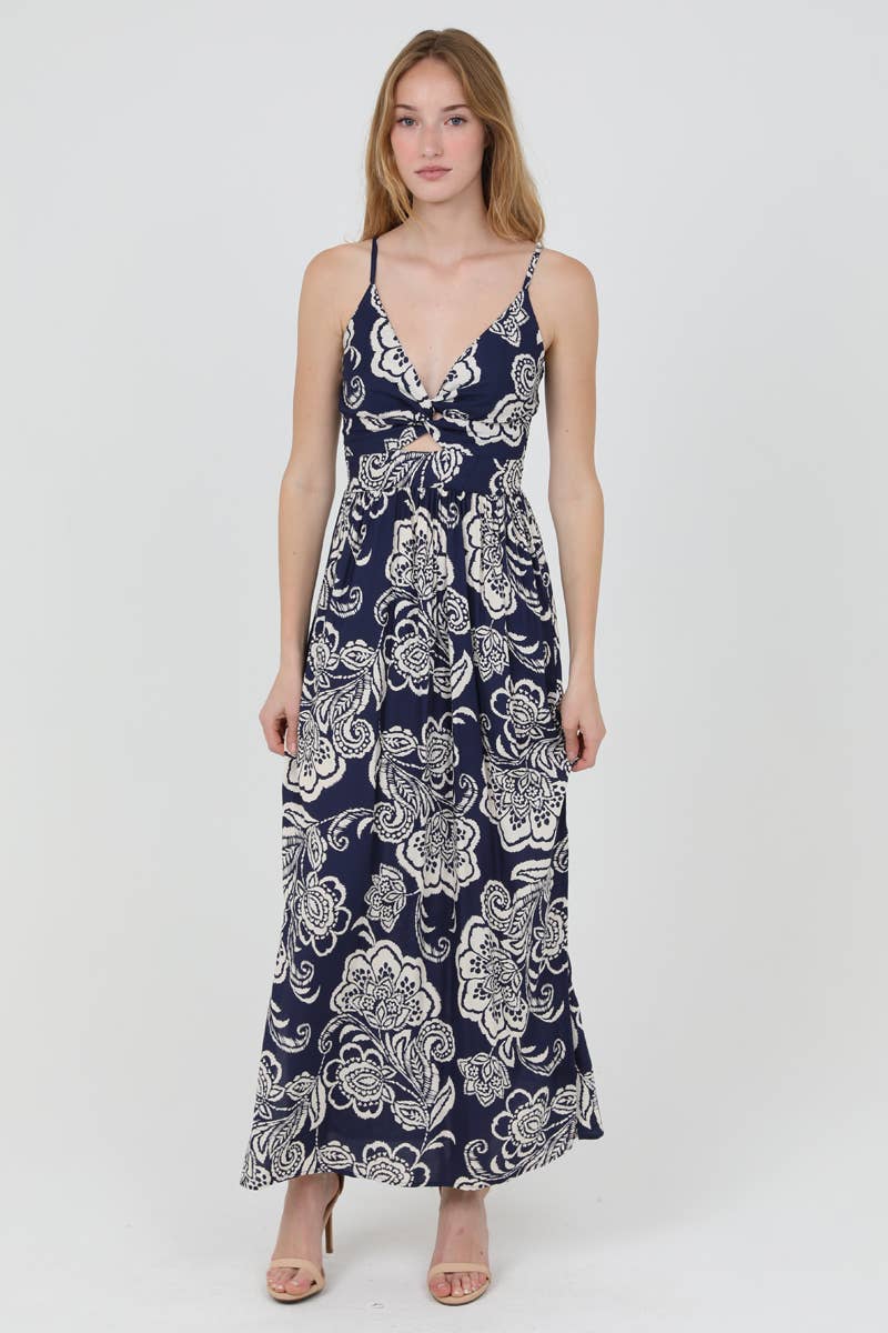 F4B48-A888 V NECK TWIST FRONT MAXI DRESS WITH SIDE SLITS