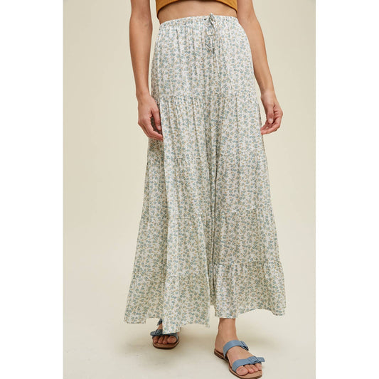 FLORAL TIERED MAXI SKIRT WITH DRAWSTRING / WL24-8678: D.SAGE