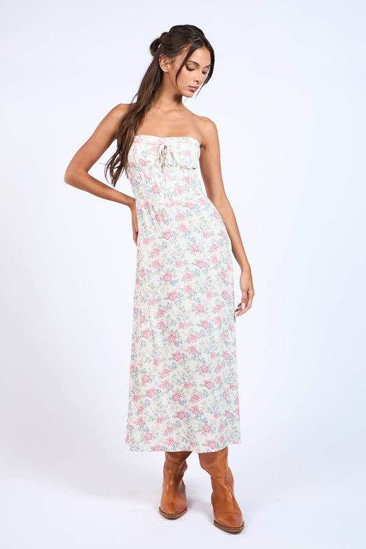 FLORAL STRAPLESS WAIST CUT OUT CORSET LONG DRESS: B/R Combo Floral / SM-D20430K
