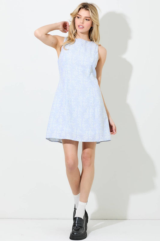 TEXTURED PRINTED FLORAL ROUND NECK MINI DRESS: BLUE/IVORY / BD6042