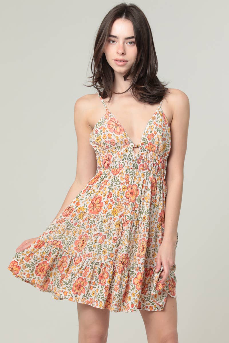 F4H12-WA34 PRINTED V NECK OPEN TIE BACK SUNDRESS
