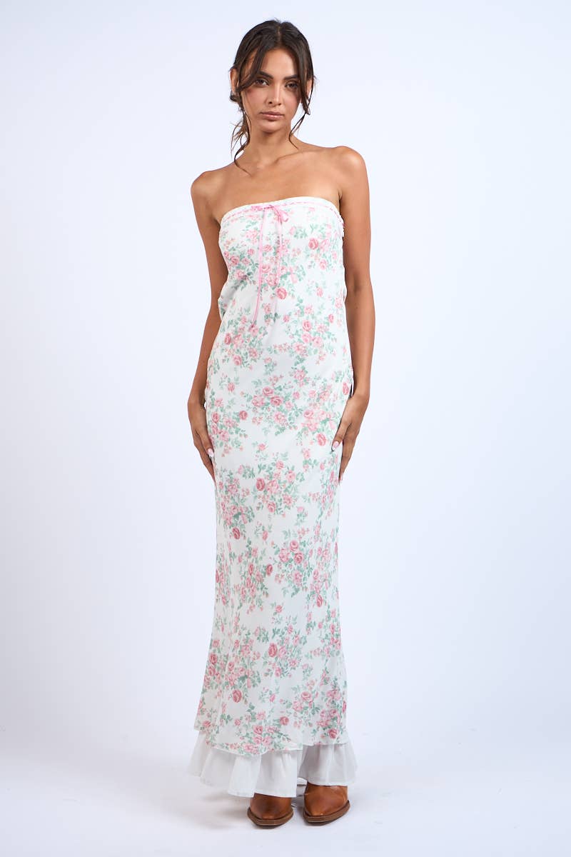 PINK FLORAL POINT RUFFLE BODYCON TUBE MAXI DRESS: Lovely Florals SM-D20749E
