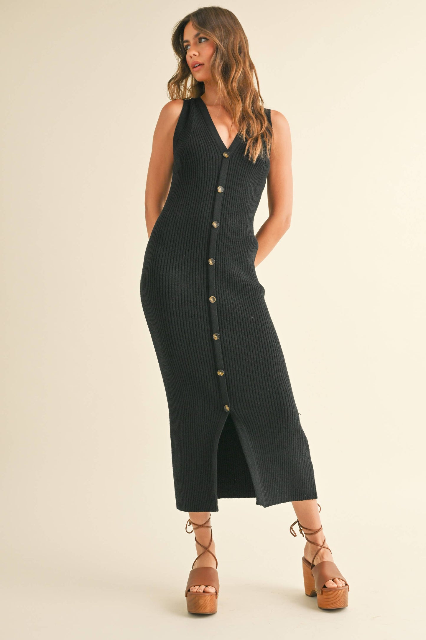 D4238   BUTTONDOWN RIBBED KNITTED LONG DRESS: White
