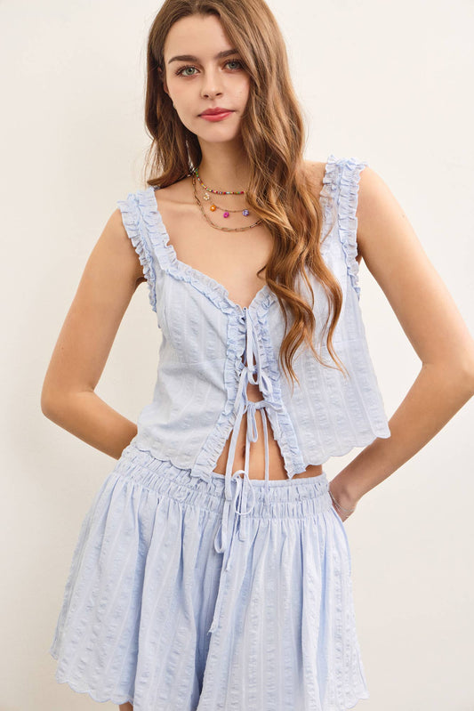 TIED FRONT RUFFLED V NECK SLEEVELESS TOP: SNOW WHITE S24790