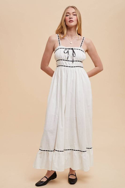 CONTRAST LACE COTTON MAXI DRESS: OFF-WHITE / ILD6204