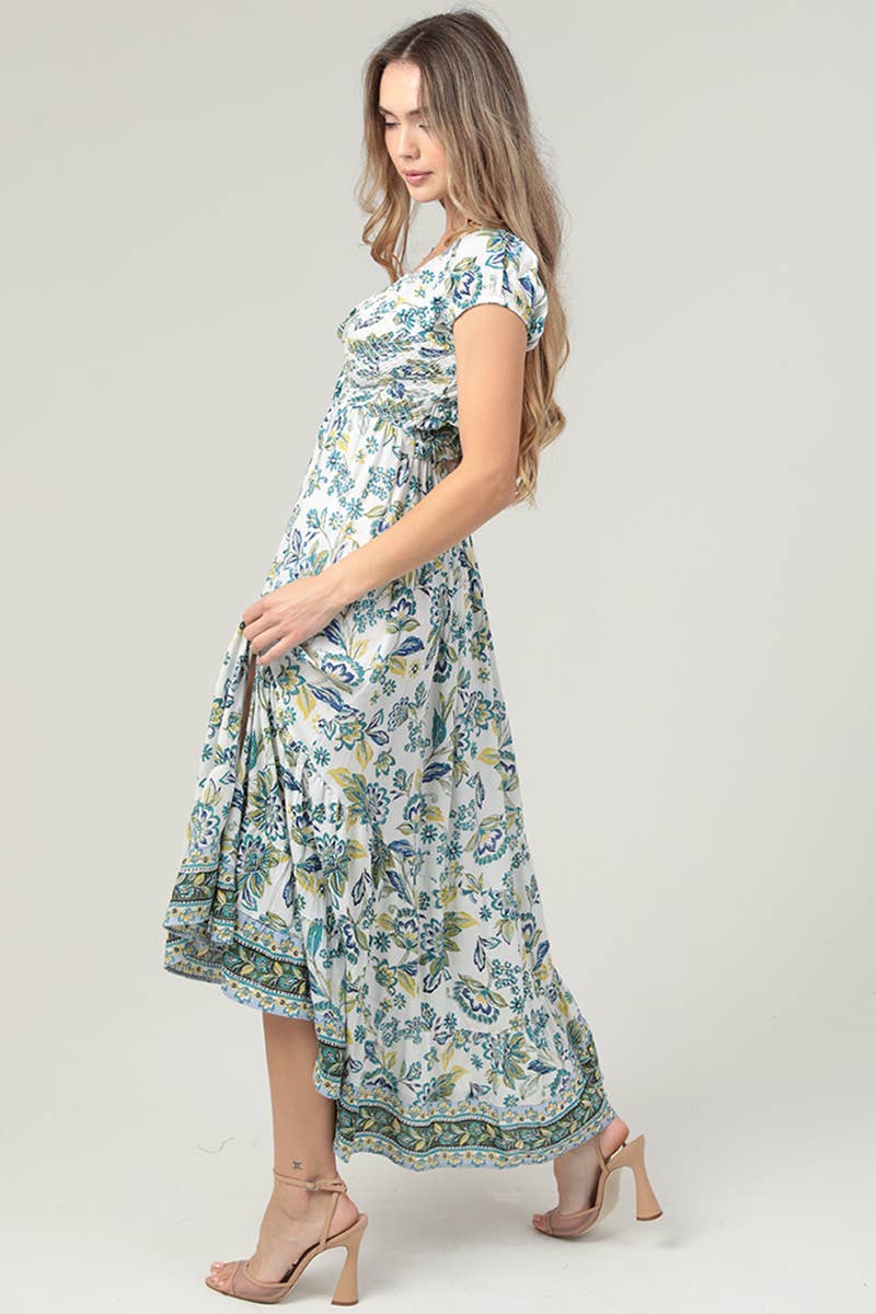 F4K79-FR32 SMOCKED BODICE CRISS CROSS BACK MAXI DRESS W SLIT