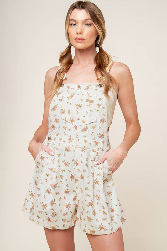 A printed woven overall romper - IP8747: OFF WHITE IP8474