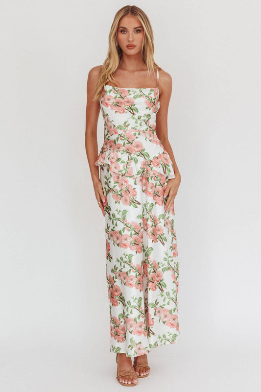 SATIN FLORAL MAXI DRESS / CM6571D01: BLUSH