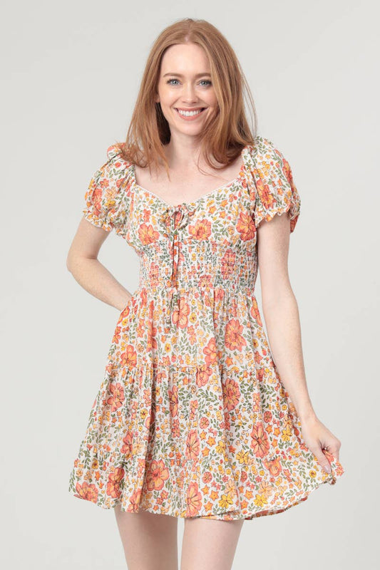 C4954-WA34 V NECK SMOCKED WAIST PUFF SLEEVE SHORT DRESS