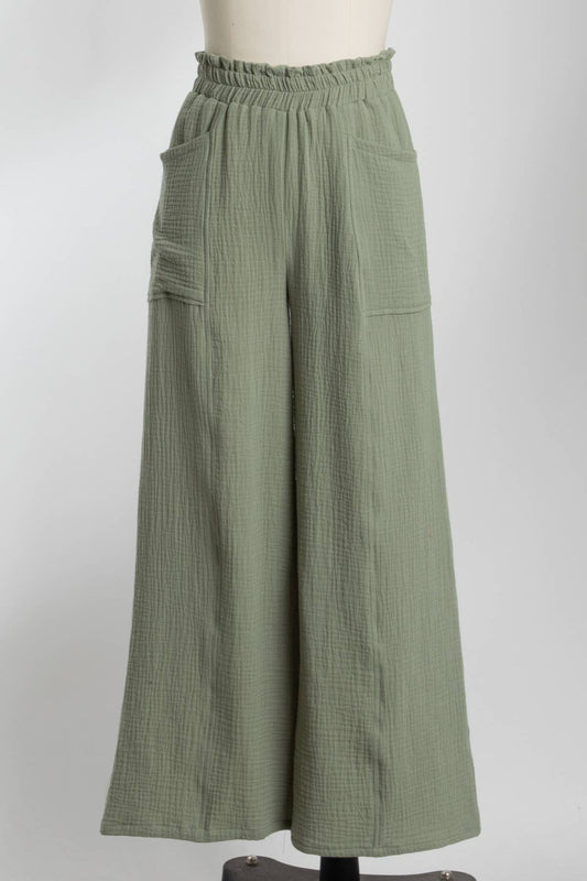 Cotton Double Gauze Wide Leg Pants - NP70326A: LT Olive