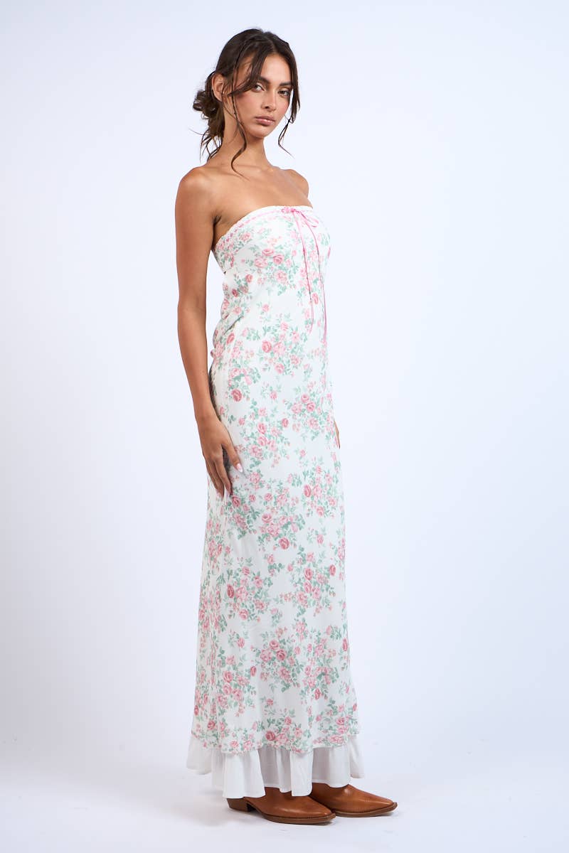 PINK FLORAL POINT RUFFLE BODYCON TUBE MAXI DRESS: Lovely Florals SM-D20749E