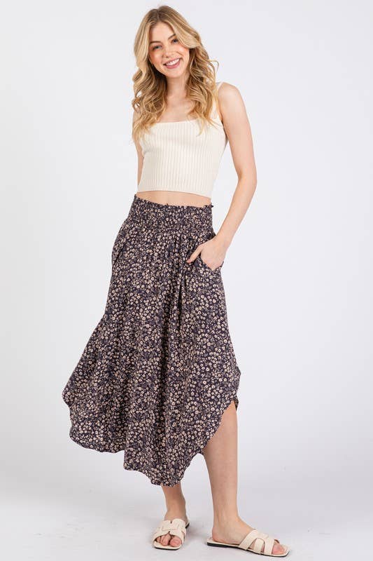 Print Waist Smocked Skirts - VNS16762H8: Night Purple