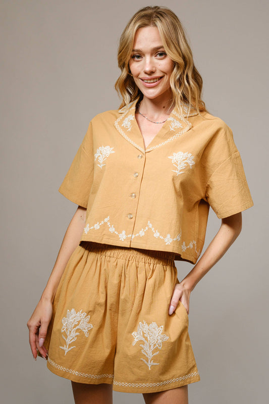 Top Only 💖💖 94380 - Cotton Embroidered Crop Shirt: TAN / Blue B
