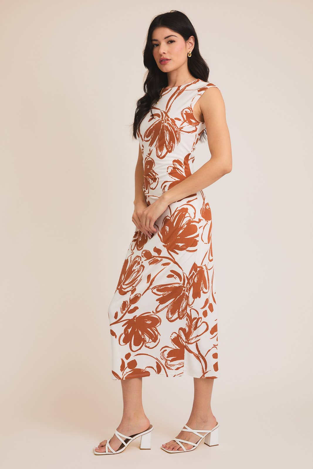 ROUND NECK SLEEVELESS CUT OUT FLORAL PRINT DRESS: TERRACOTTA FLORAL / D19893